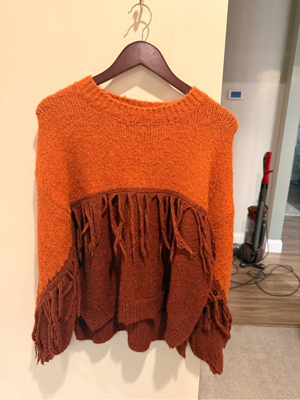 Dreamers Two-Tone Orange & Rust Fringe Crewneck Sweater